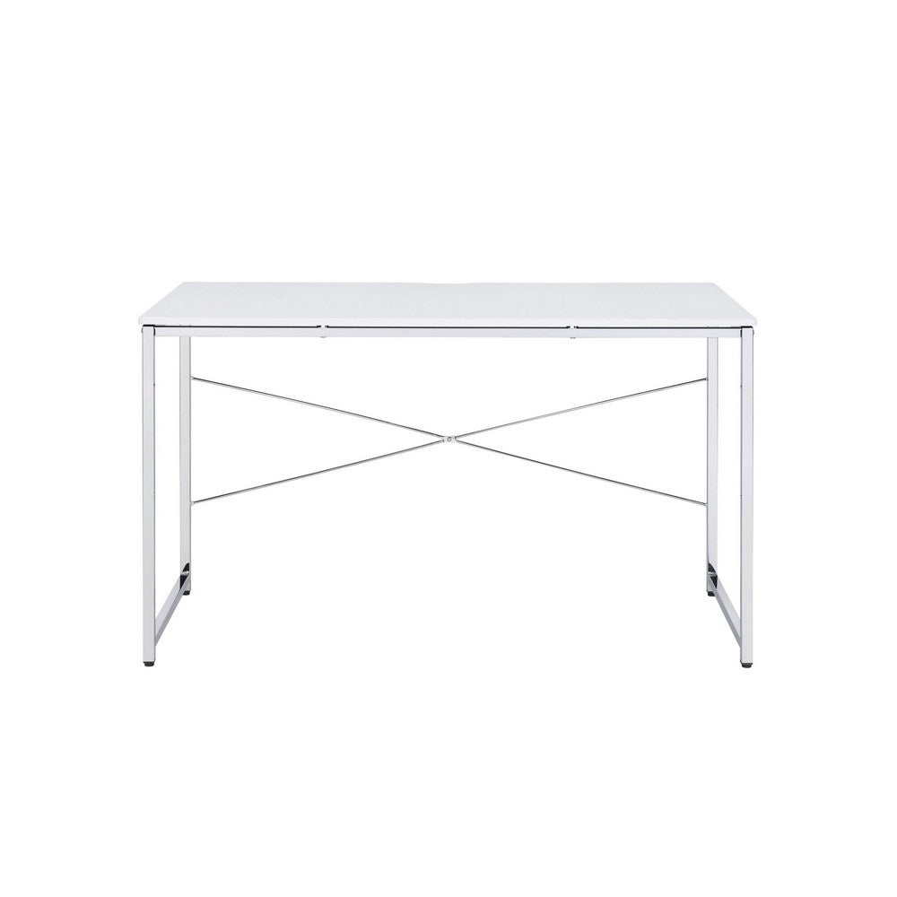 Writing Desk with X Shaped Cross Bar and Chrome Finish, White - BM251367