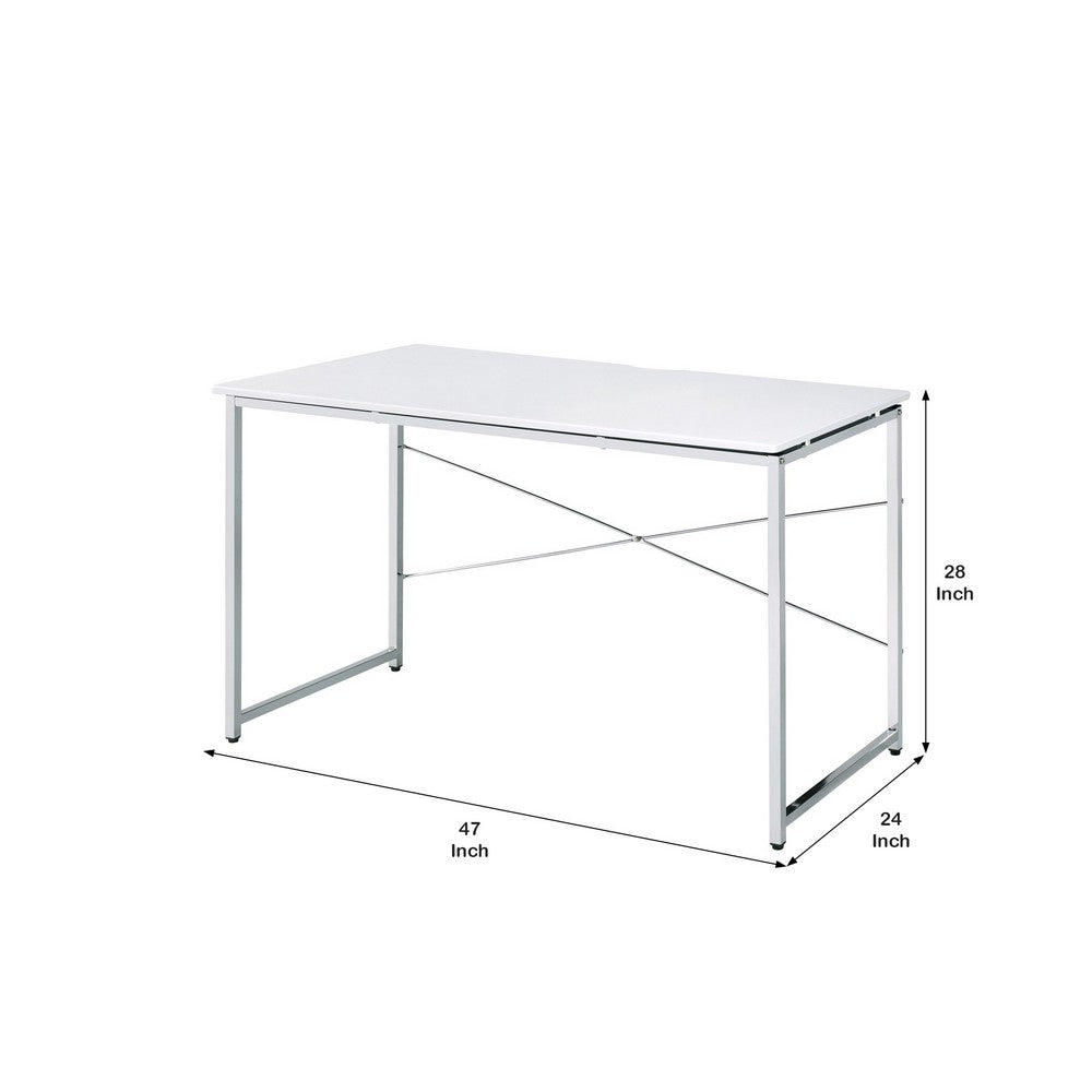 Writing Desk with X Shaped Cross Bar and Chrome Finish, White - BM251367