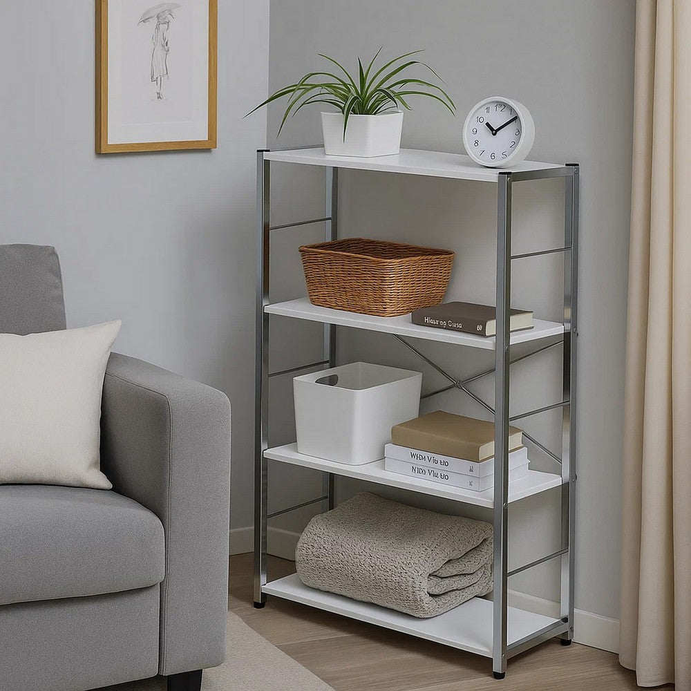 Bookshelf with X Shaped Cross Bar Chrome Finish, White - BM251368