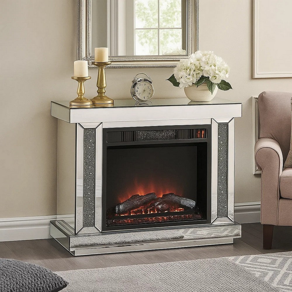 Electric Fireplace with Mirror Panel Framing and Faux Diamonds, Silver - BM251370