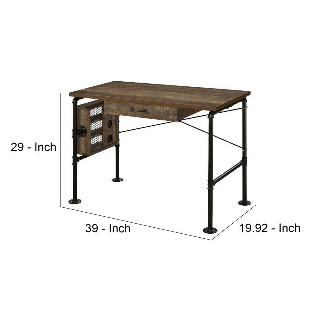 Writing Desk with Industrial Style and 3 Tier Sleek Side Shelves, Oak Brown - BM251386