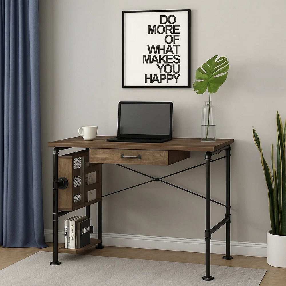 Writing Desk with Industrial Style and 3 Tier Sleek Side Shelves, Oak Brown - BM251386