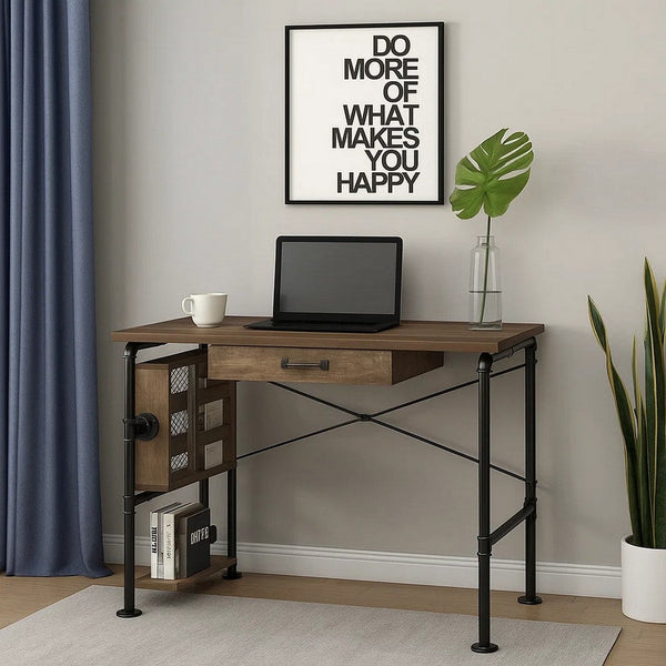 Writing Desk with Industrial Style and 3 Tier Sleek Side Shelves, Oak Brown - BM251386