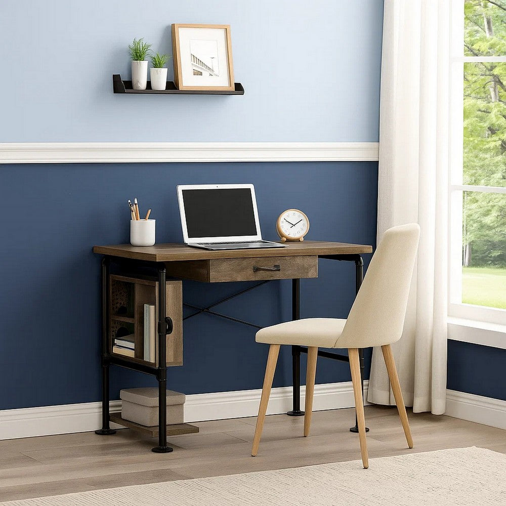 Writing Desk with Industrial Style and 3 Tier Sleek Side Shelves, Oak Brown - BM251386