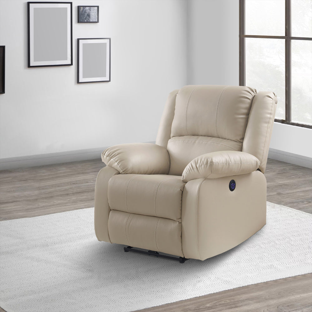 Leatherette Power Recliner Sofa with Pillow Top Armrests, Beige - BM252364