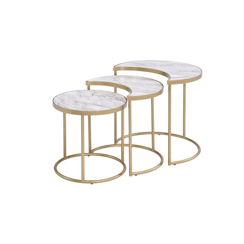 Metal Nesting Coffee Table with Faux Marble Top, Set of 3, Gold and White - BM252366