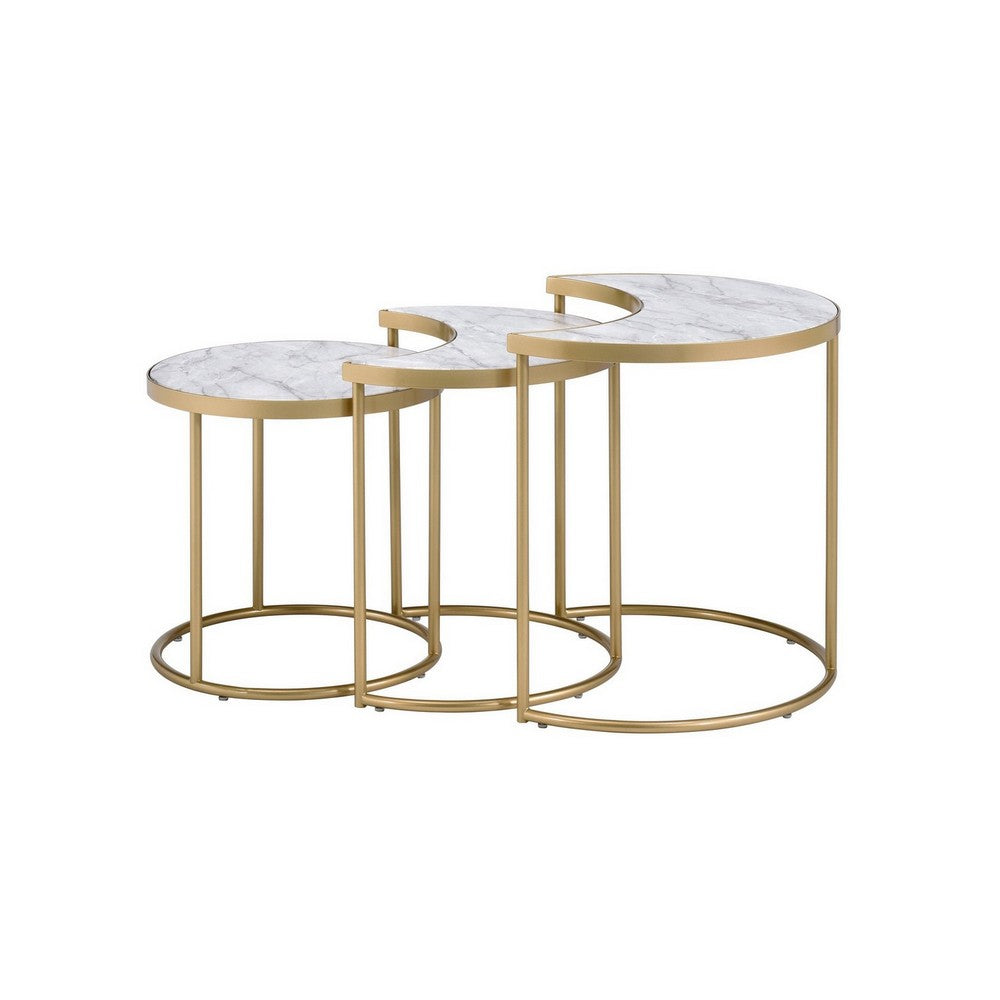 Metal Nesting Coffee Table with Faux Marble Top, Set of 3, Gold and White - BM252366