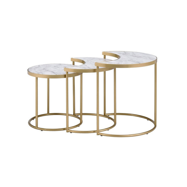 Metal Nesting Coffee Table with Faux Marble Top, Set of 3, Gold and White - BM252366