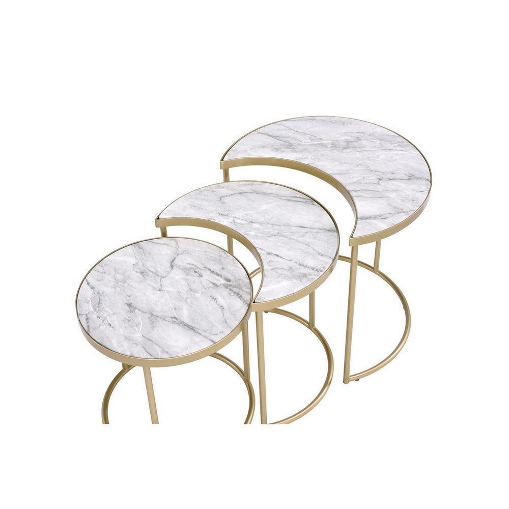 Metal Nesting Coffee Table with Faux Marble Top, Set of 3, Gold and White - BM252366