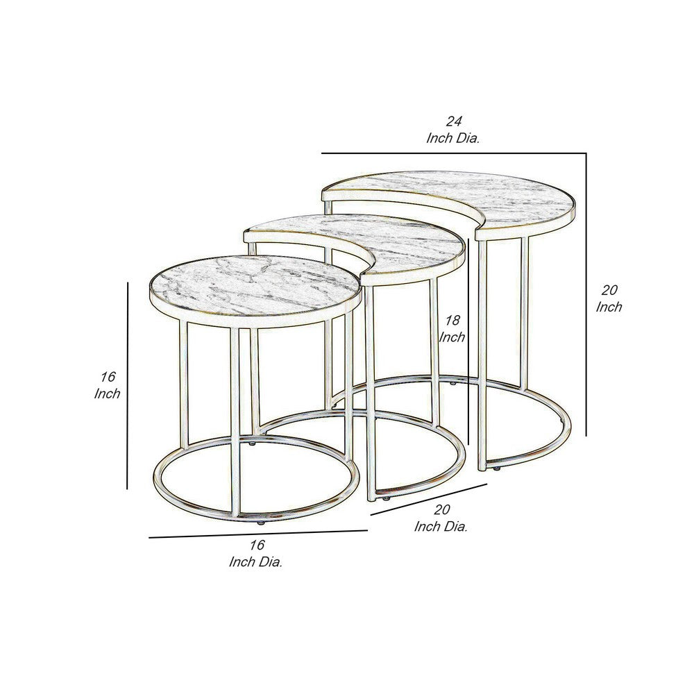 Metal Nesting Coffee Table with Faux Marble Top, Set of 3, Gold and White - BM252366