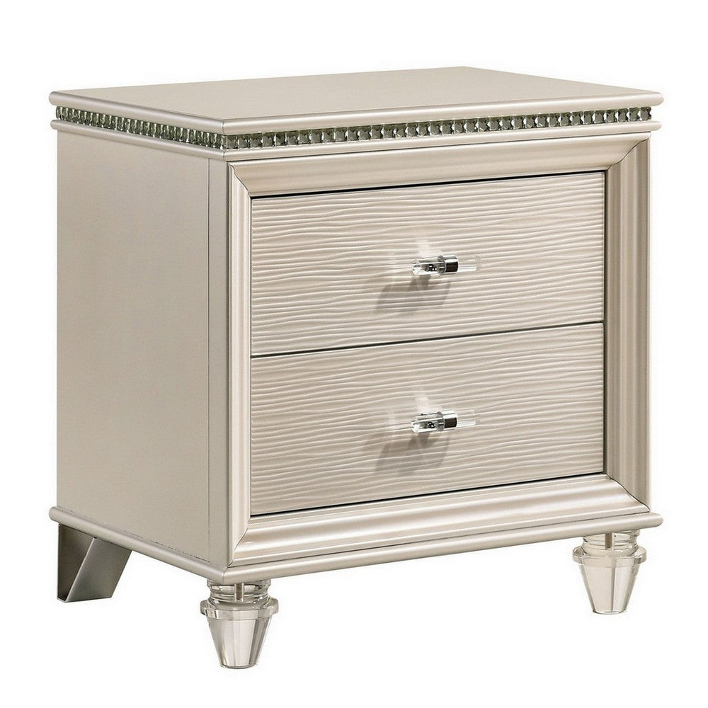 Nightstand with Textured 2 Drawers and Acrylic Legs, Pearl White - BM252384