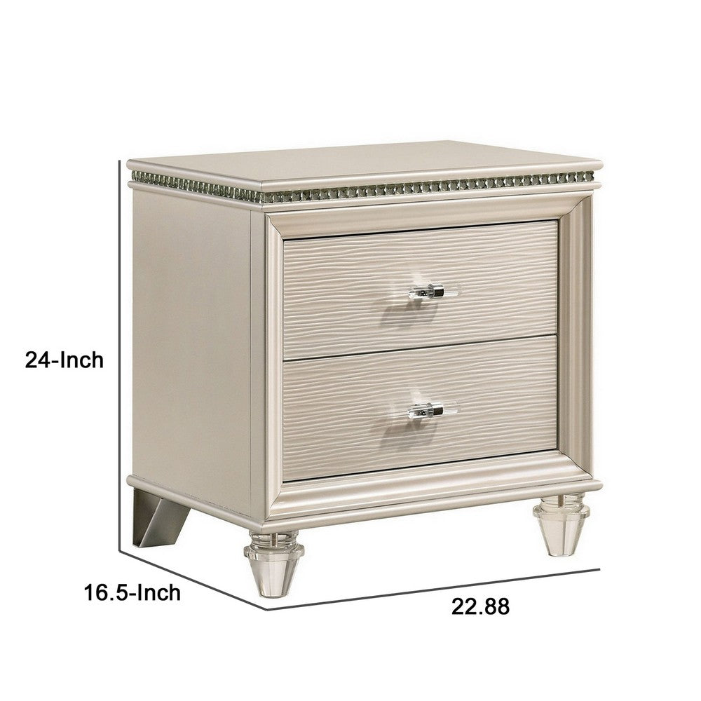 Nightstand with Textured 2 Drawers and Acrylic Legs, Pearl White - BM252384