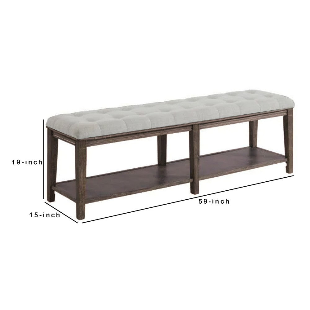 Bench with Button Tufted Seat and Open Shelf, Beige - BM252429