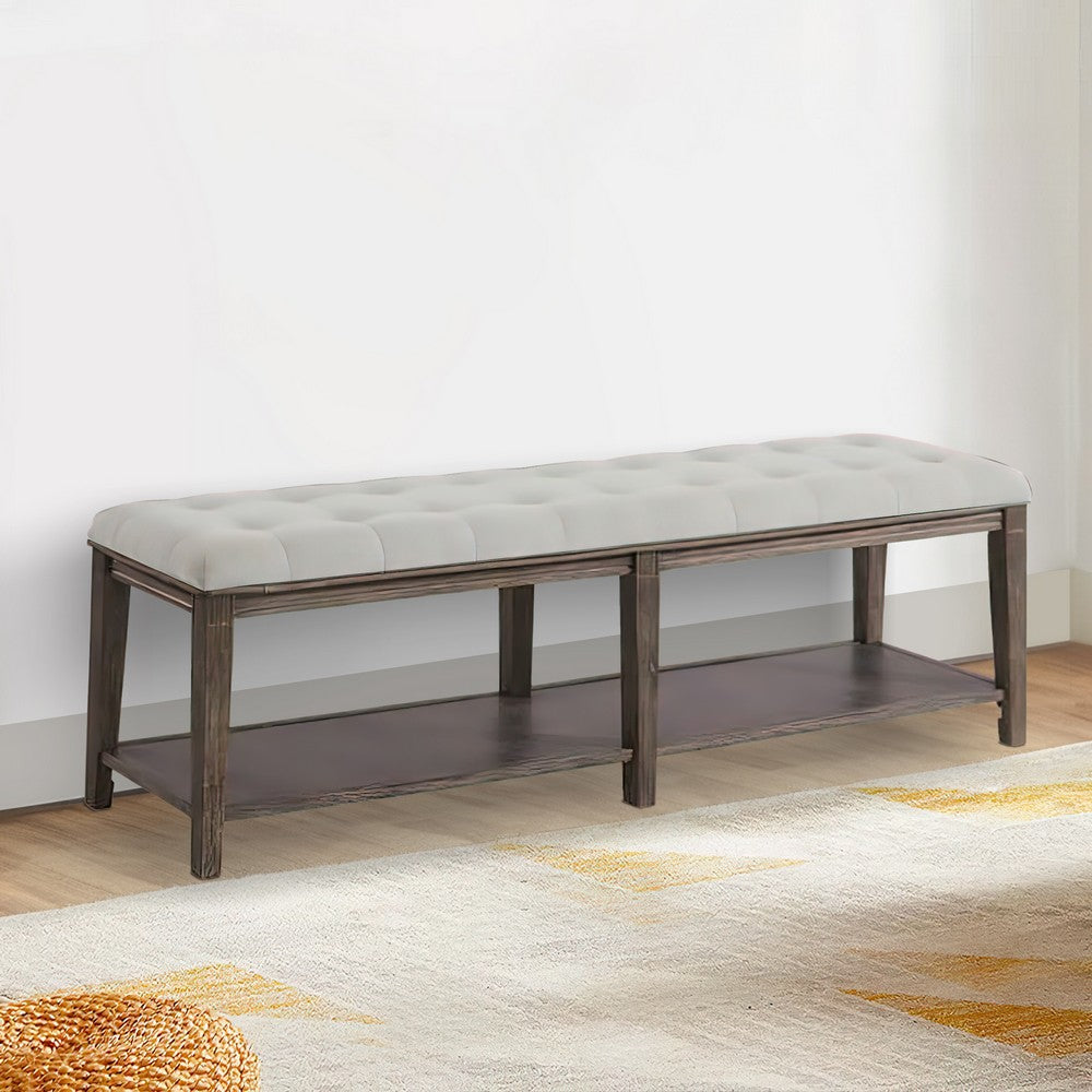 Bench with Button Tufted Seat and Open Shelf, Beige - BM252429