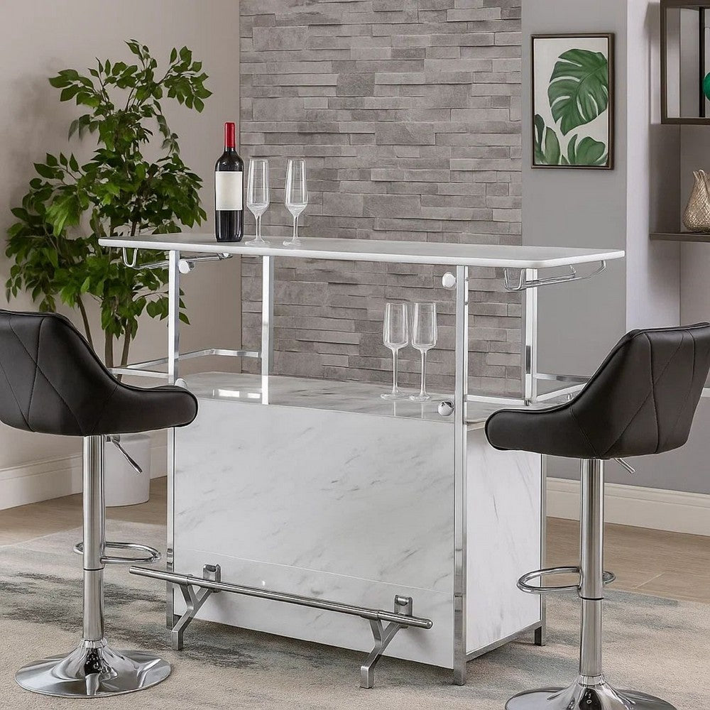 Bar Table with Faux Marble and Chrome Finish, White and Silver - BM253019