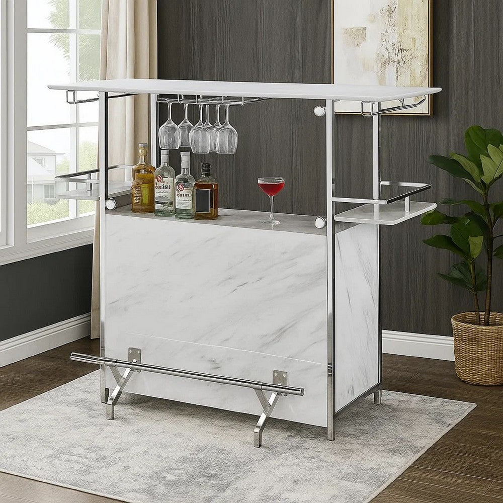 Bar Table with Faux Marble and Chrome Finish, White and Silver - BM253019