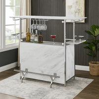 Bar Table with Faux Marble and Chrome Finish, White and Silver - BM253019