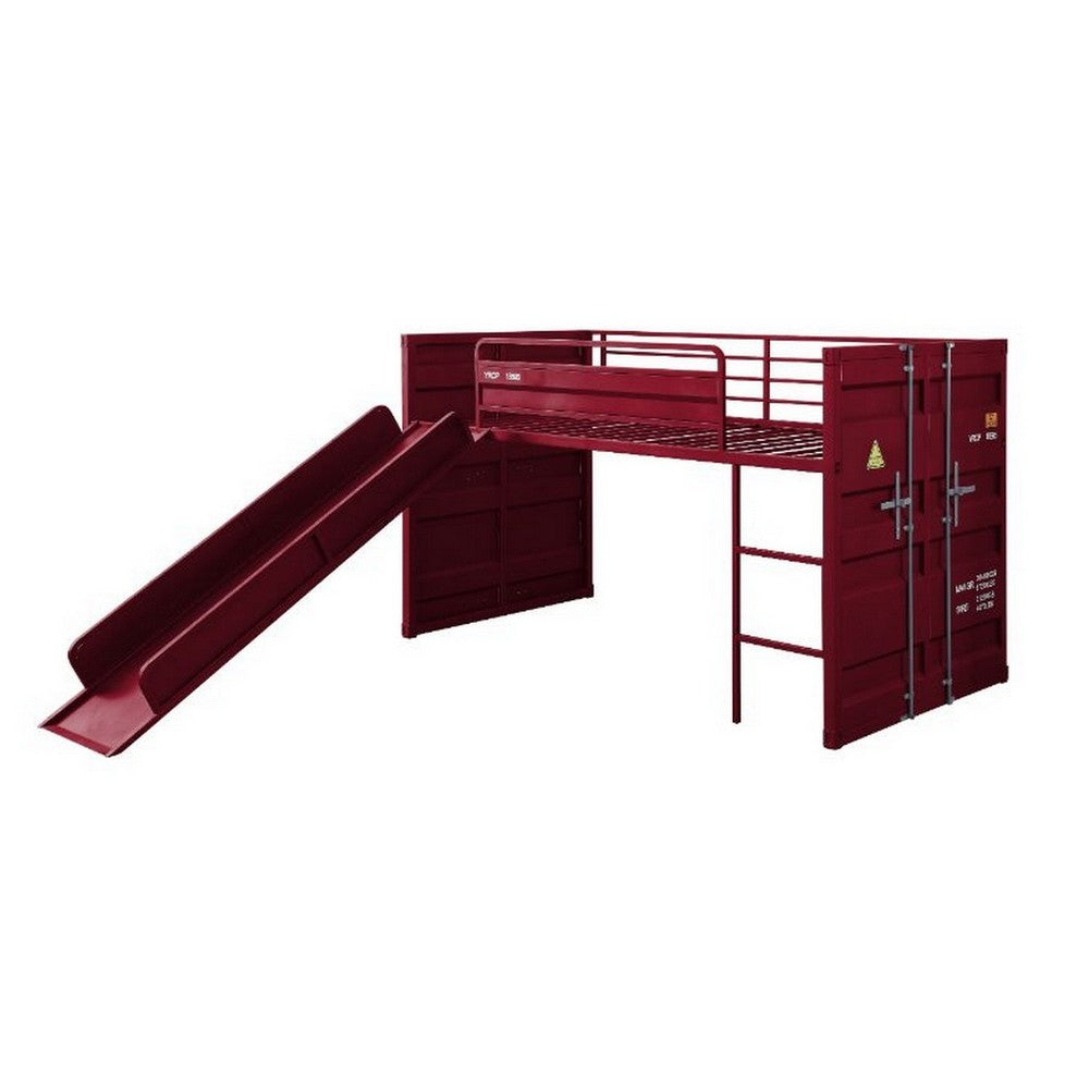 Twin Loft Bed with Metal Frame and Slide, Red - BM261728