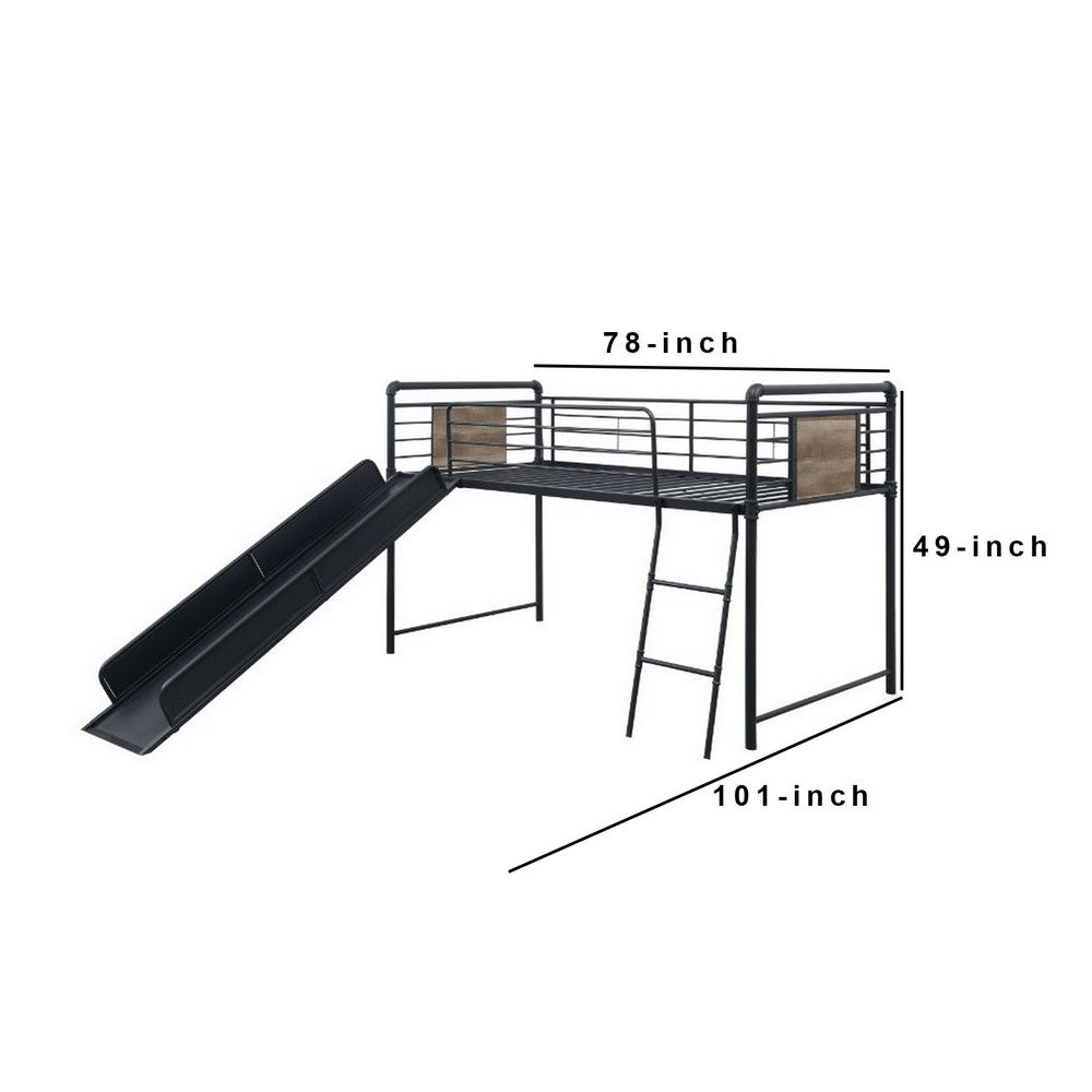 Twin Loft Bed with Tubular Metal Frame and Slide, Dark Bronze - BM261730