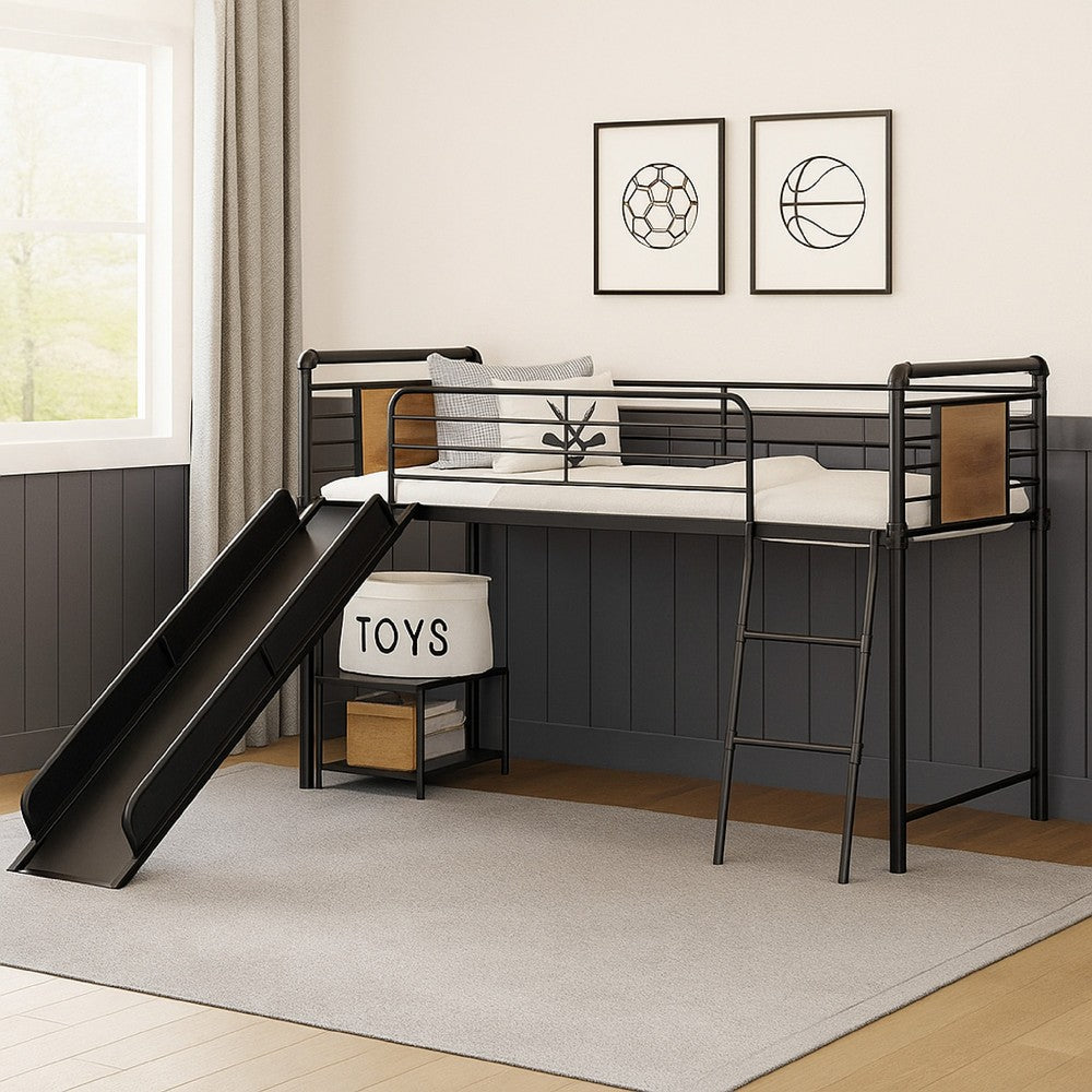Twin Loft Bed with Tubular Metal Frame and Slide, Dark Bronze - BM261730