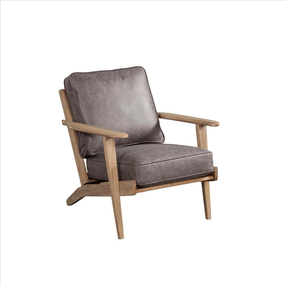 Lounge Chair with Leatherette Seat and Wooden Frame, Gray - BM261861