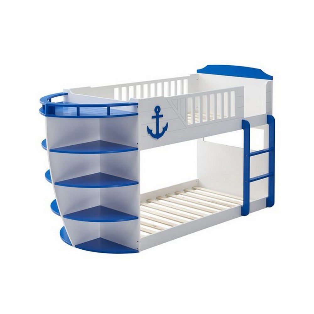 Twin over Twin Bunk Bed with 9 Shelves and Nautical Design, White and Blue - BM261914