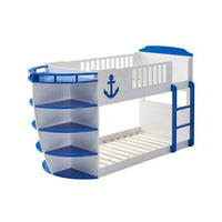 Twin over Twin Bunk Bed with 9 Shelves and Nautical Design, White and Blue - BM261914
