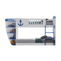 Twin over Twin Bunk Bed with 9 Shelves and Nautical Design, White and Blue - BM261914