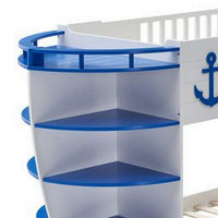Twin over Twin Bunk Bed with 9 Shelves and Nautical Design, White and Blue - BM261914