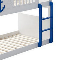 Twin over Twin Bunk Bed with 9 Shelves and Nautical Design, White and Blue - BM261914