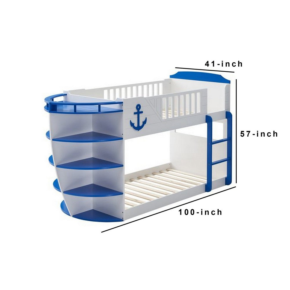 Twin over Twin Bunk Bed with 9 Shelves and Nautical Design, White and Blue - BM261914