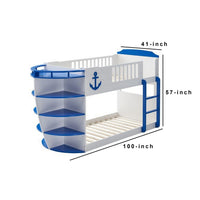 Twin over Twin Bunk Bed with 9 Shelves and Nautical Design, White and Blue - BM261914