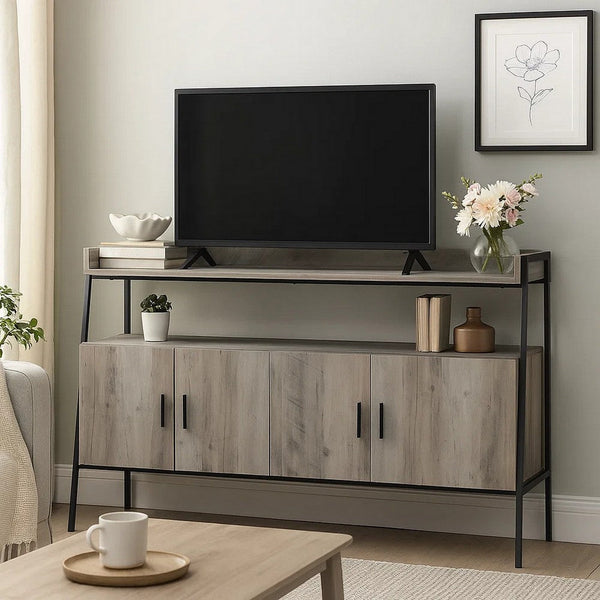 TV Stand with 2 Double Door Cabinet and Tubular Frame, Oak Gray - BM262157