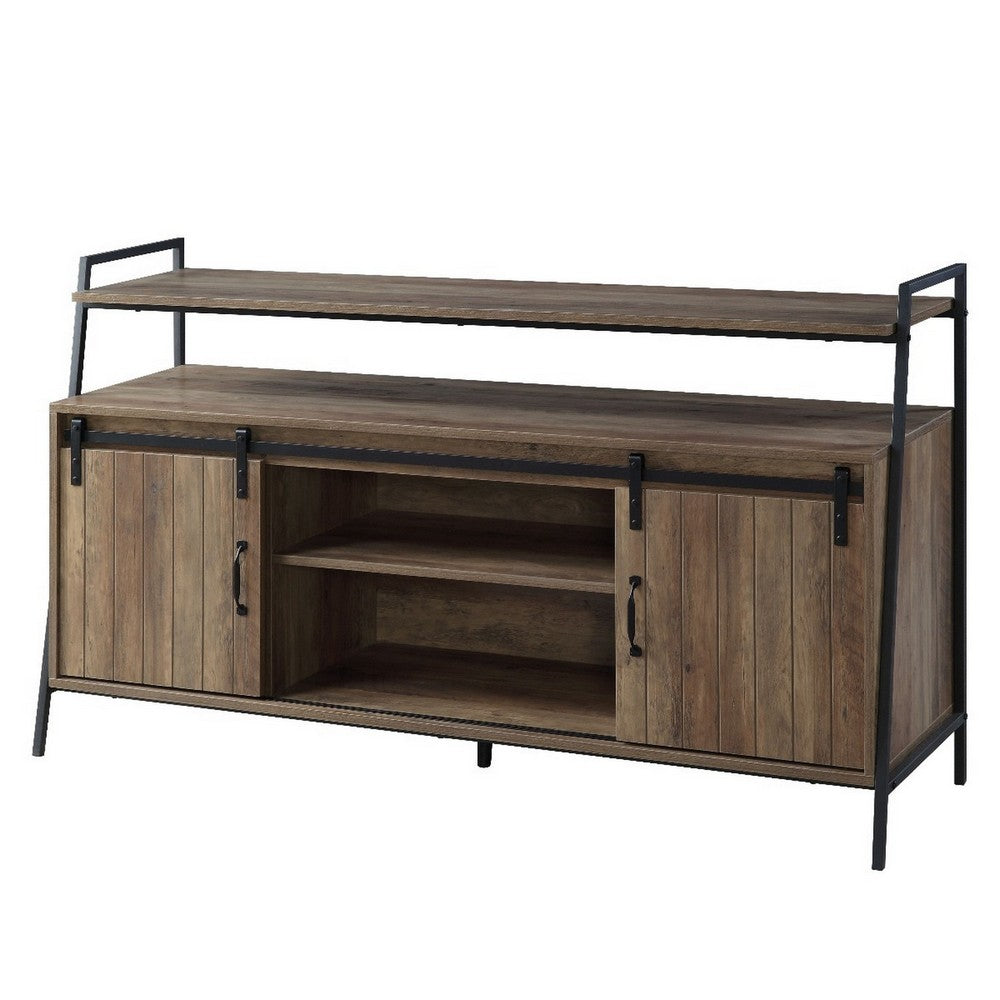 TV Stand with 2 Sliding Barn Doors and Tubular Frame, Oak Brown - BM262160