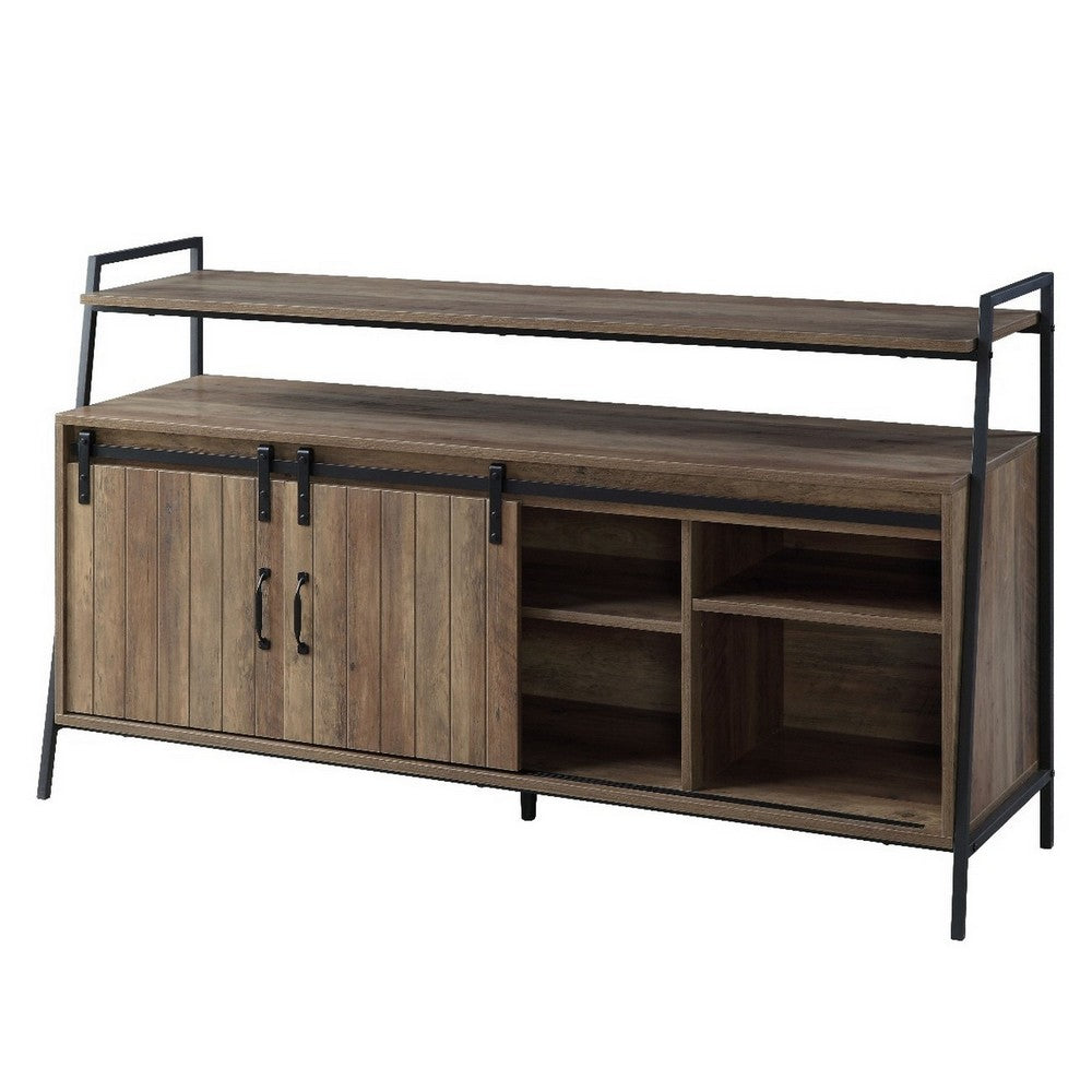 TV Stand with 2 Sliding Barn Doors and Tubular Frame, Oak Brown - BM262160