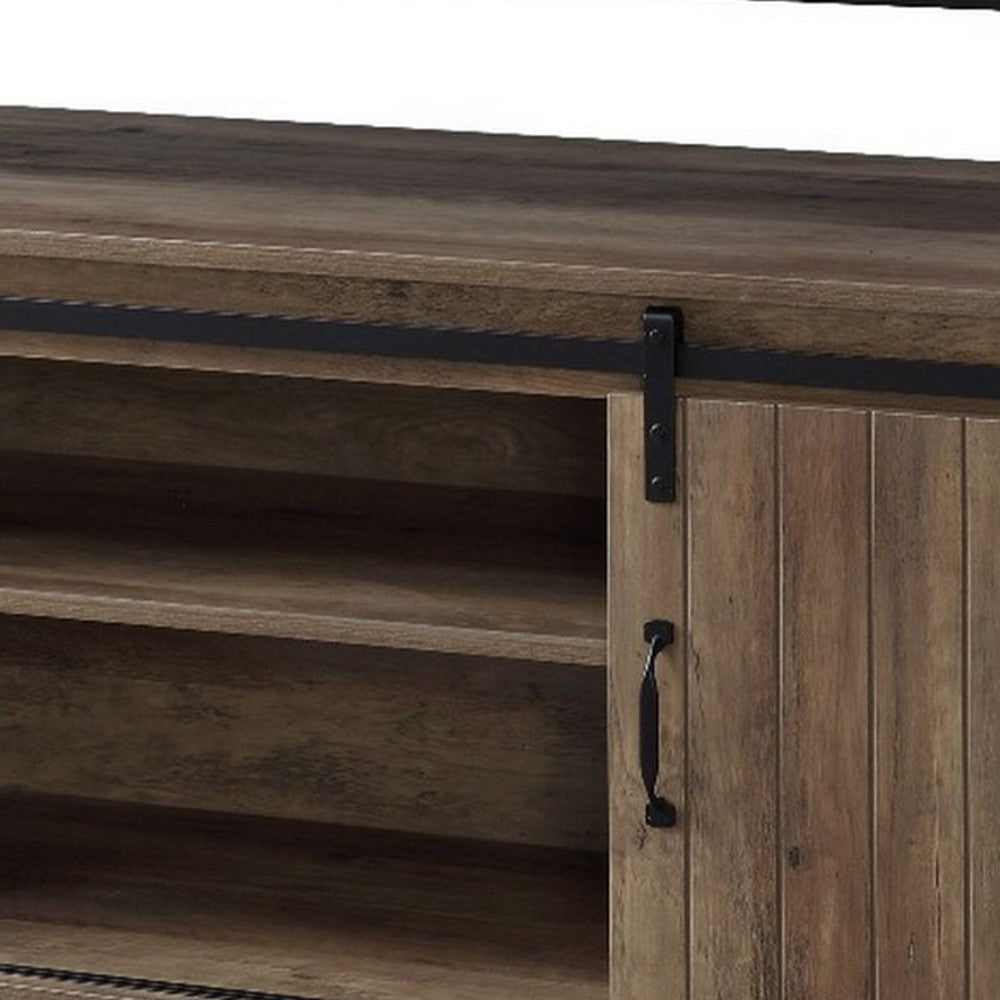 TV Stand with 2 Sliding Barn Doors and Tubular Frame, Oak Brown - BM262160