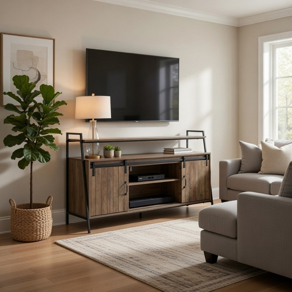 TV Stand with 2 Sliding Barn Doors and Tubular Frame, Oak Brown - BM262160