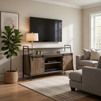 TV Stand with 2 Sliding Barn Doors and Tubular Frame, Oak Brown - BM262160