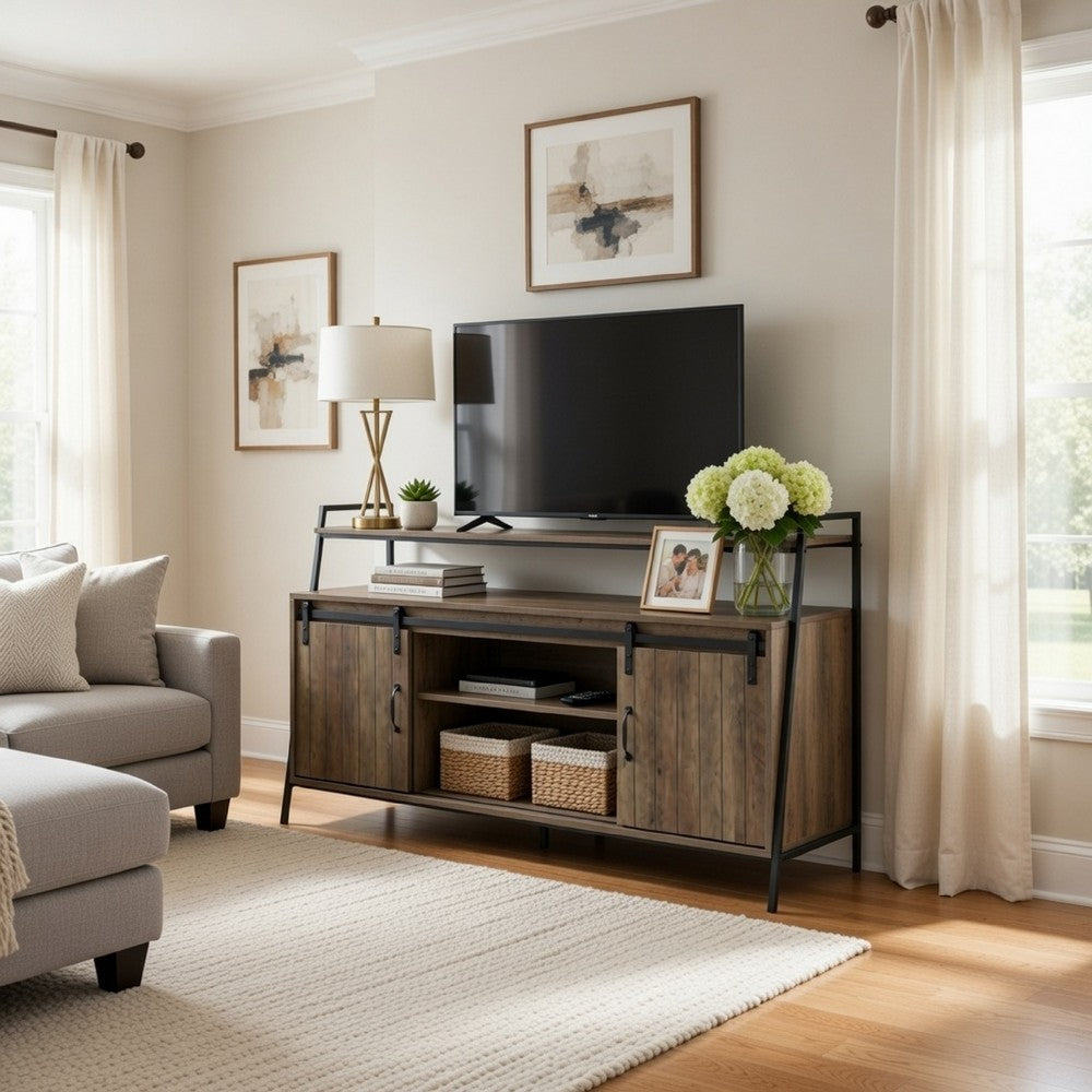 TV Stand with 2 Sliding Barn Doors and Tubular Frame, Oak Brown - BM262160