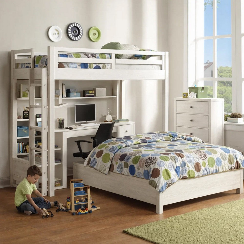 Twin Loft Bed with 1 Queen Bed and Fixed Ladder, White - BM262399