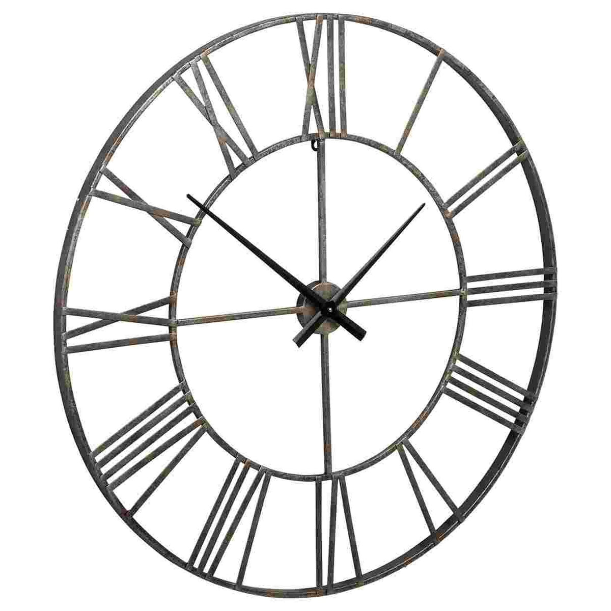 Wall Clock with Sleek Open Metal Frame and Roman Numbers, Antique Silver