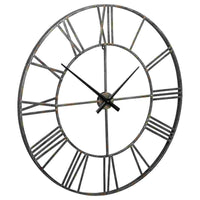 Wall Clock with Sleek Open Metal Frame and Roman Numbers, Antique Silver
