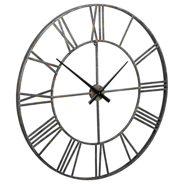 Wall Clock with Sleek Open Metal Frame and Roman Numbers, Antique Silver
