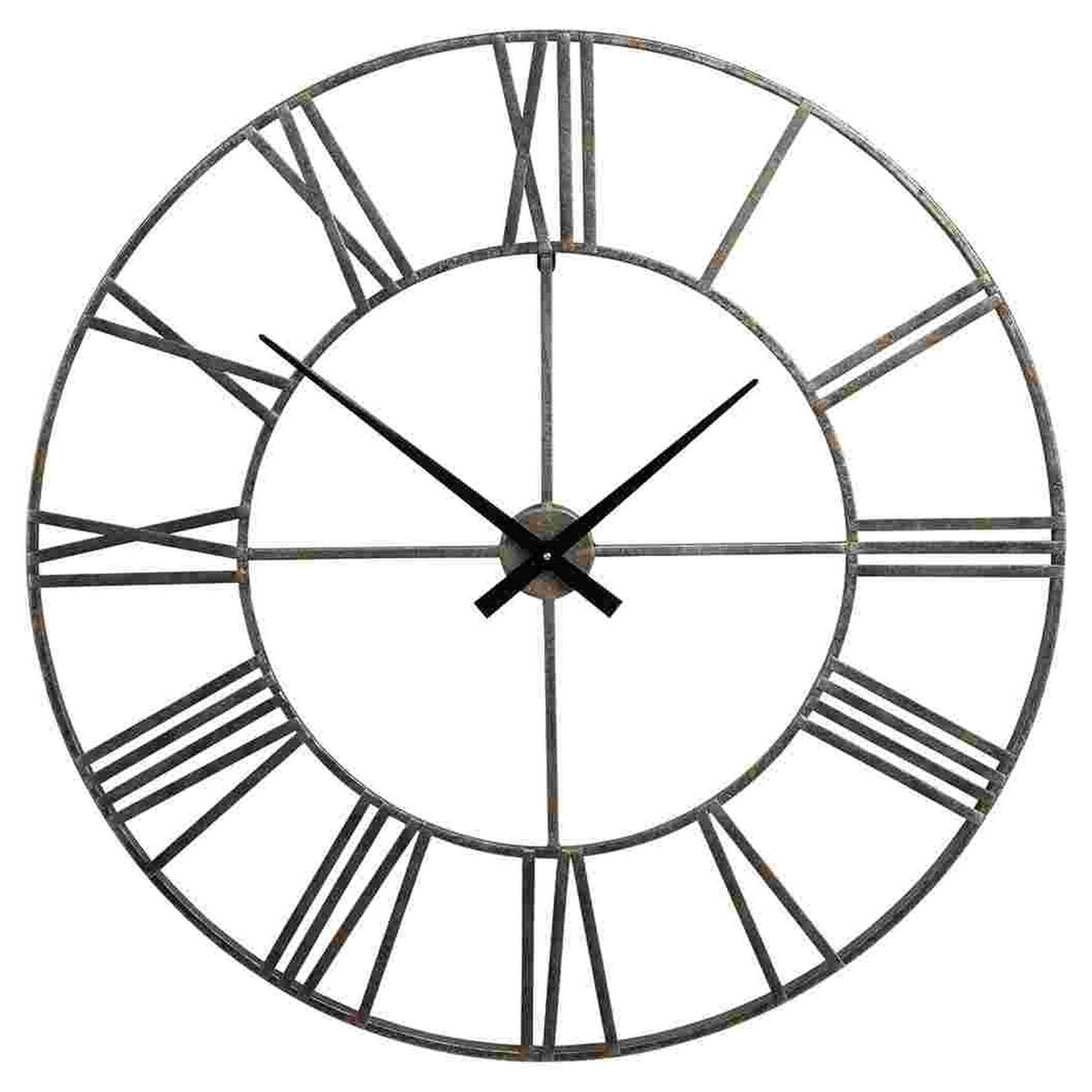 Wall Clock with Sleek Open Metal Frame and Roman Numbers, Antique Silver