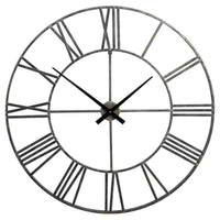 Wall Clock with Sleek Open Metal Frame and Roman Numbers, Antique Silver