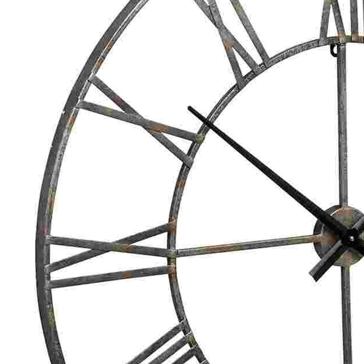 Wall Clock with Sleek Open Metal Frame and Roman Numbers, Antique Silver