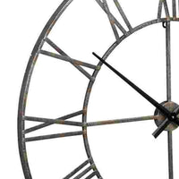 Wall Clock with Sleek Open Metal Frame and Roman Numbers, Antique Silver