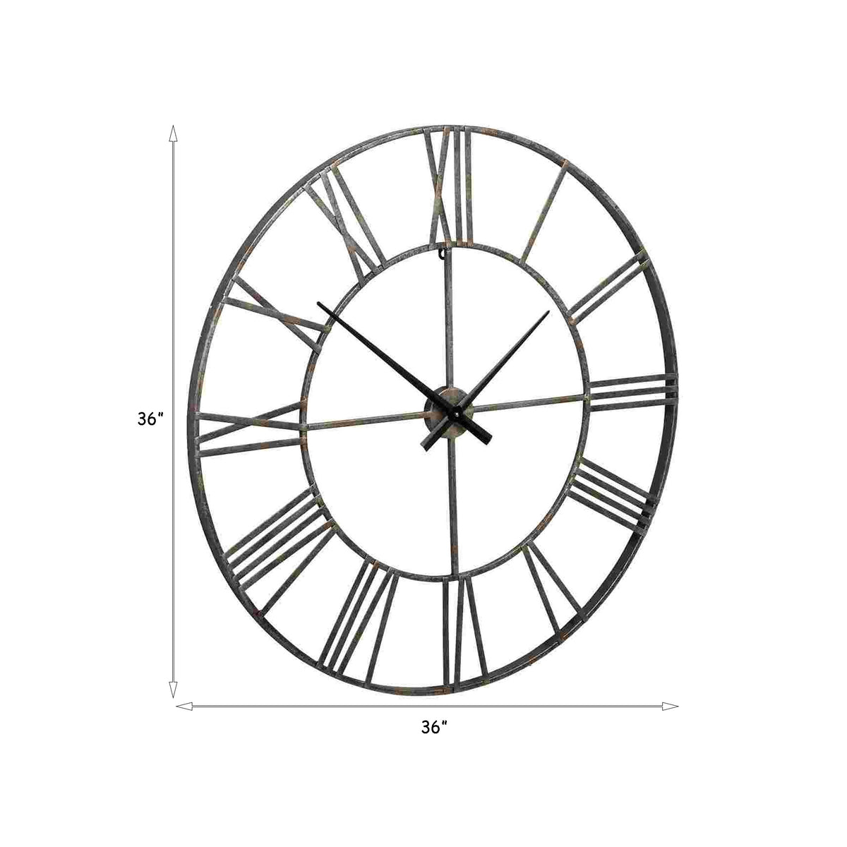 Wall Clock with Sleek Open Metal Frame and Roman Numbers, Antique Silver