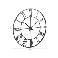 Wall Clock with Sleek Open Metal Frame and Roman Numbers, Antique Silver