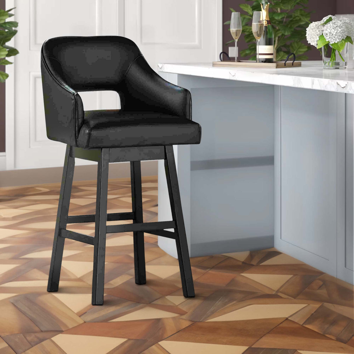 Swivel Barstool with Faux Leather and Countered Back, Set of 2, Black  - BM262476